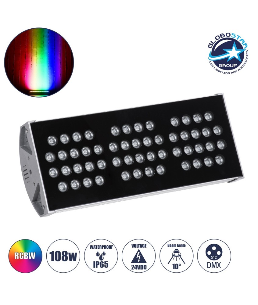 GloboStar® FLOOD-TENA 90224 Προβολέας Wall Washer για Φωτισμό Κτιρίων LED 108W 9180lm 10° DC 24V Αδιάβροχο IP65 Μ43.5 x Π15.5 x Υ18cm RGBW DMX512 - Ασημί - 3 Years Warranty